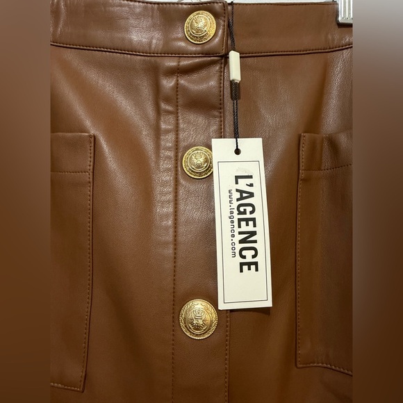 L'AGENCE Amira Faux Leather Pencil Skirt Gold Buttons Size 16 NWT Smoky Quartz - Picture 2 of 4